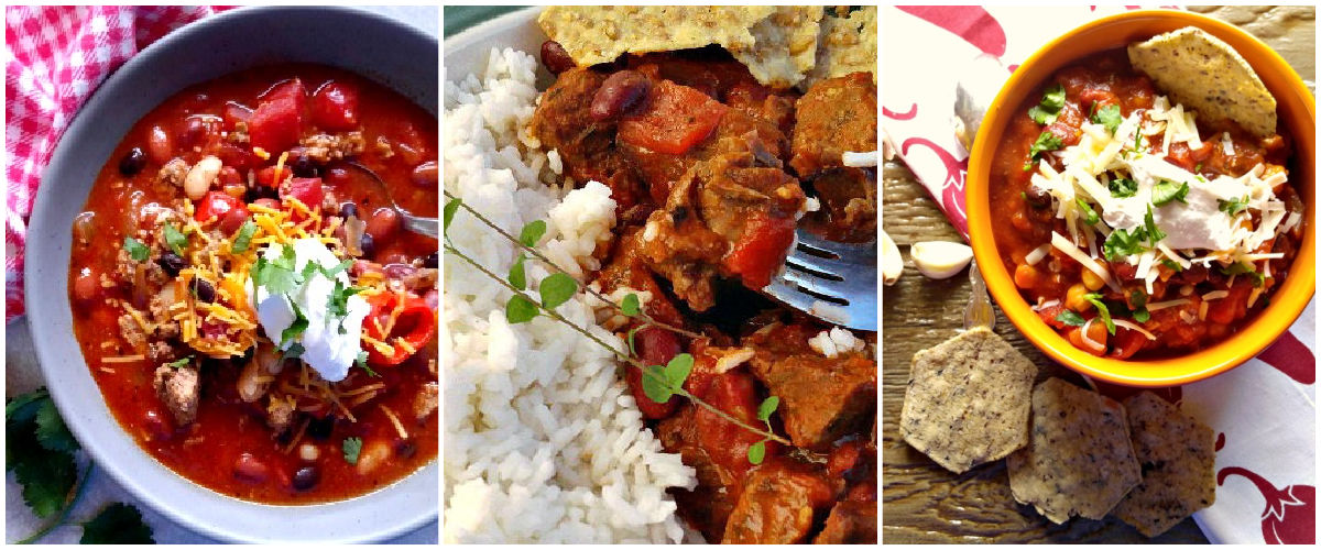 Pictures of three chili recipes in a collage.