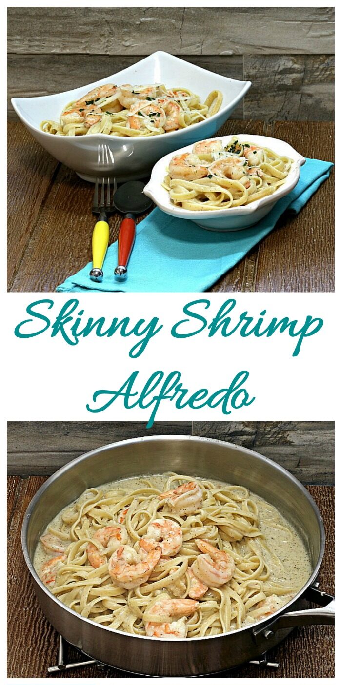How to Make a Skinny Shrimp Alfredo Recipe Skinny shrimp Alfredo recipes in bowls and a sauté pan with a blue napkin and cutlery.
