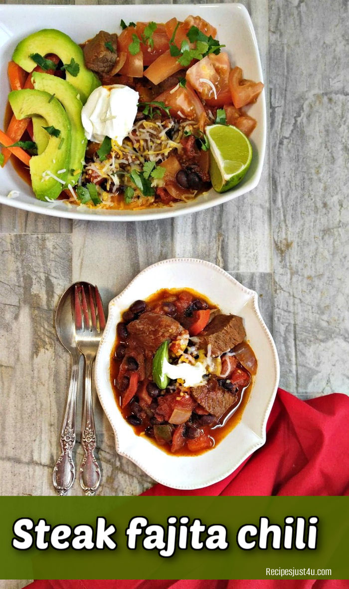 How to Make Steak Fajita Chili Steak fajita chili in a serving dish and white bowl next to a red napkin and some cutlery.
