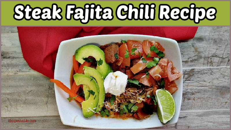 Steak fajita chili recipe in a white bowl.