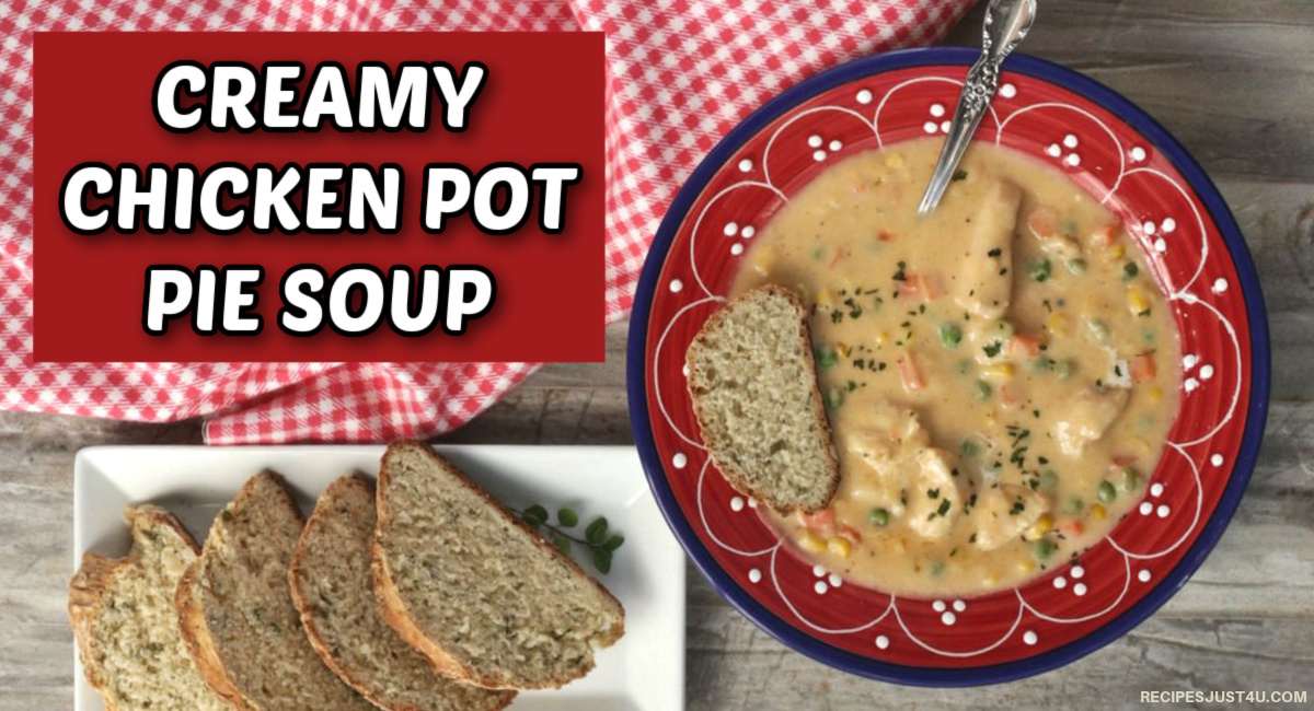 Creamy chicken pot pie soup A bowl of Weight Watchers chicken pot pie soup next to a plate of rustic Italian bread and a red gingham napkin with a red box and a white text overlay that says creamy chicken pot pie soup.