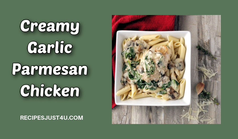 Creamy garlic parmesan chicken in a white bowl next to a red napkin.