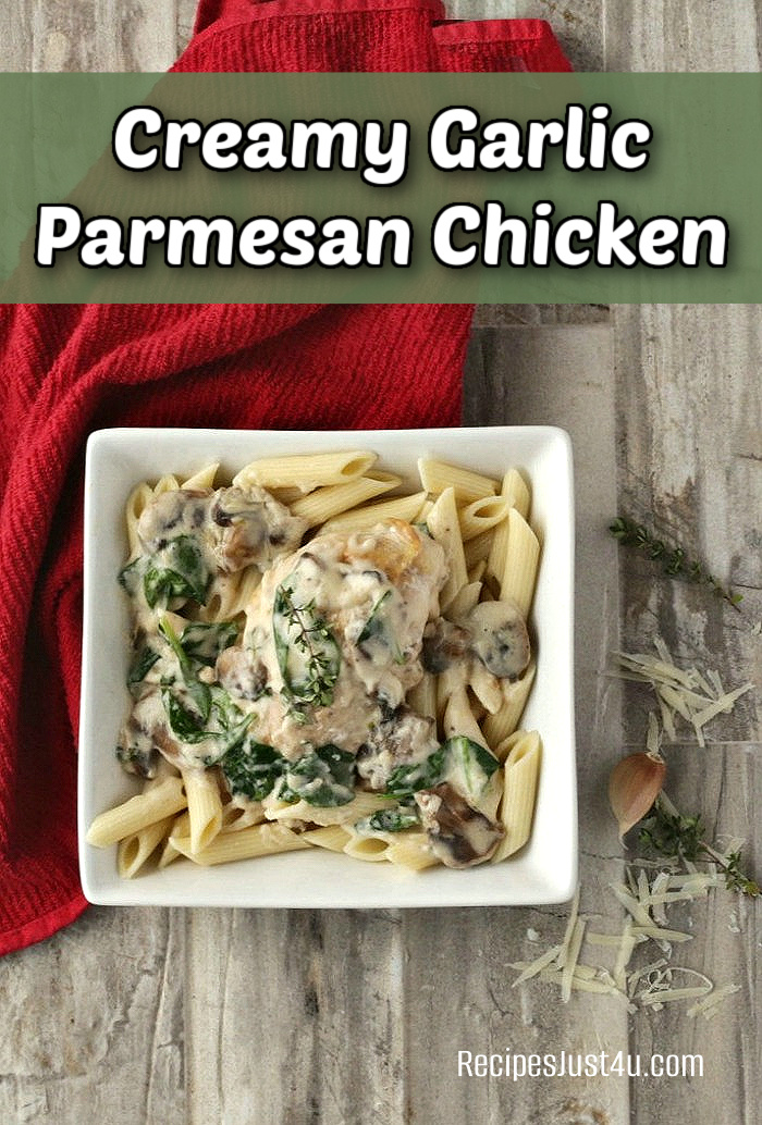 How to Make Creamy Garlic Parmesan Chicken and Mushrooms Creamy garlic parmesan chicken and mushrooms over pasts on a white plate with a red napkin.