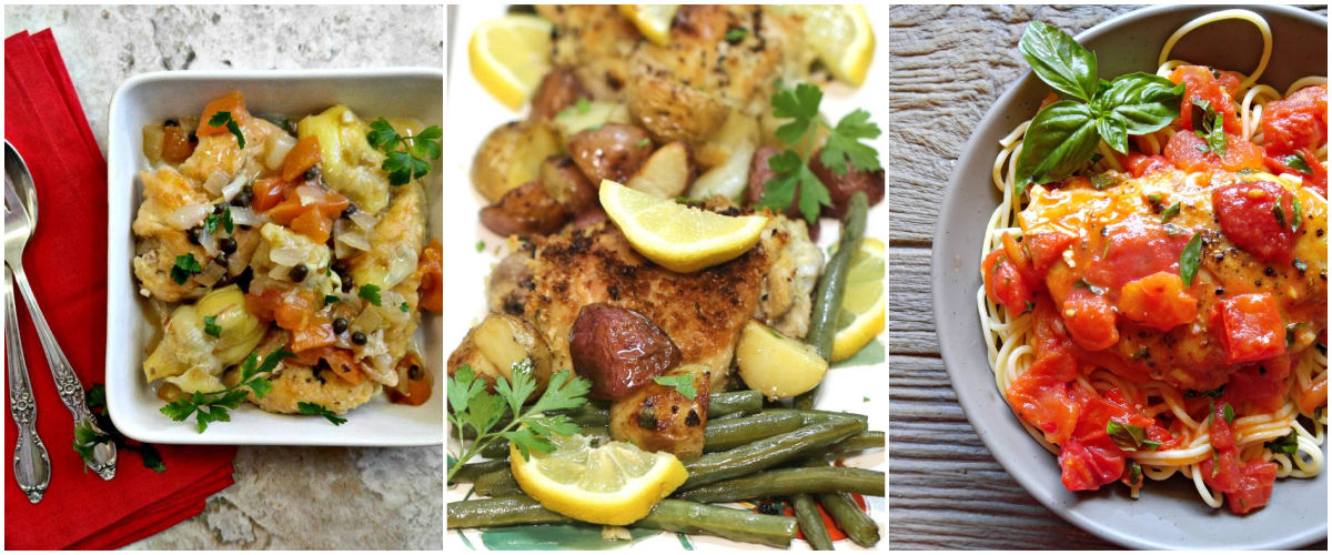 A collage with images of chicken recipes with fresh herbs.