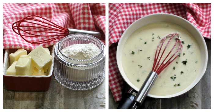 A collage of two images, the image on the left is of butter, flour and a rubber whisk, and the photo on the right is showing how to thicken a sauce with roux in a frying pan.
