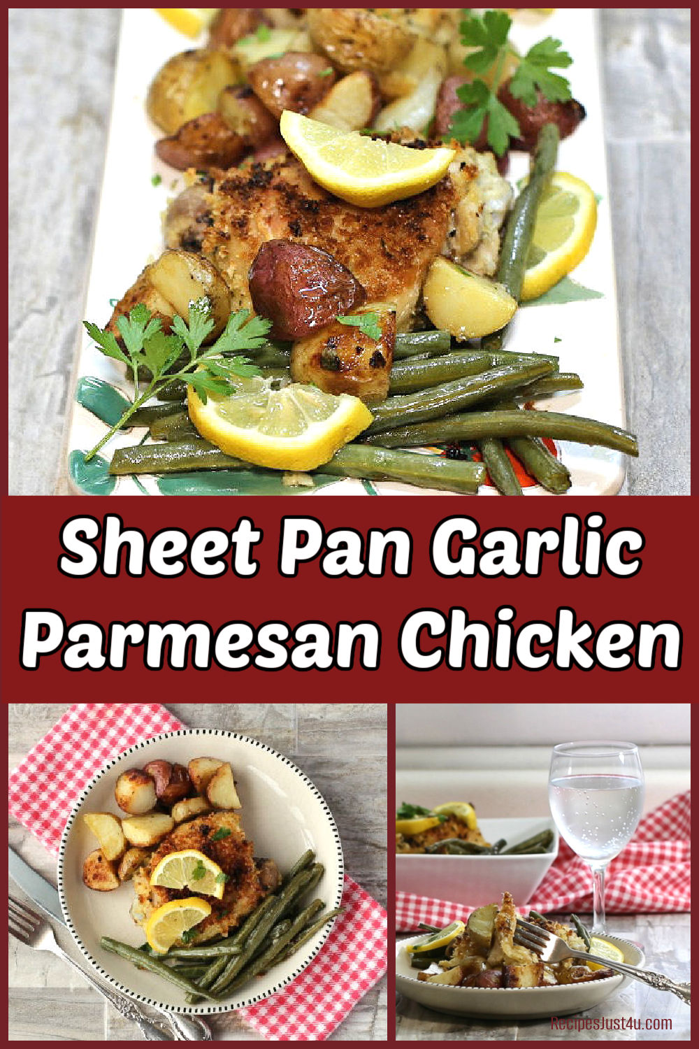 Recipe for Sheet Pan Garlic Parmesan Chicken Thighs Sheet pan garlic Parmesan chicken thighs recipe in a collage.