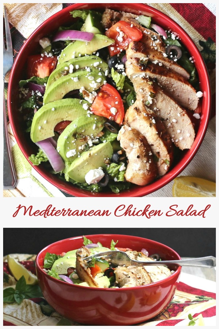This clean eating Mediterranean chicken salad is chock full of healthy and tasty vegetables. The home made dressing doubles as a marinade for the chicken!