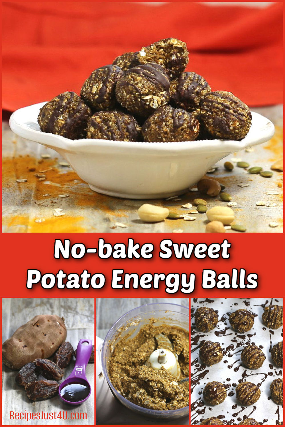 Gluten-Free No-Bake Sweet Potato Energy Balls No-bake sweet potato energy balls, showing ingredients, process shot and chocolate drizzled balls.