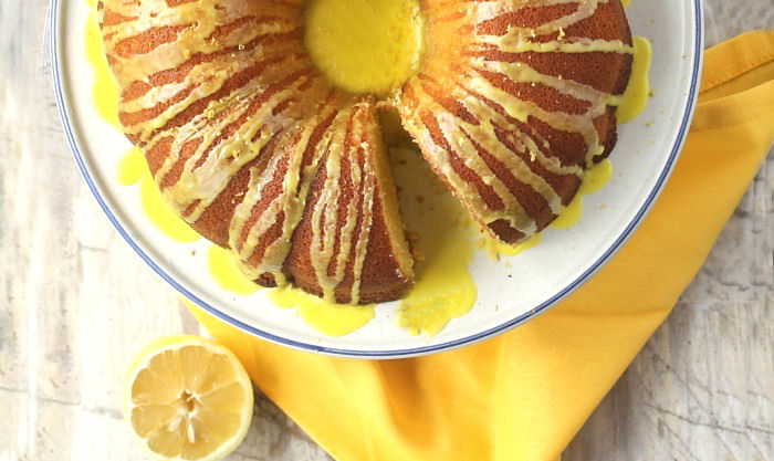 slice of lemon pudding bundt cake