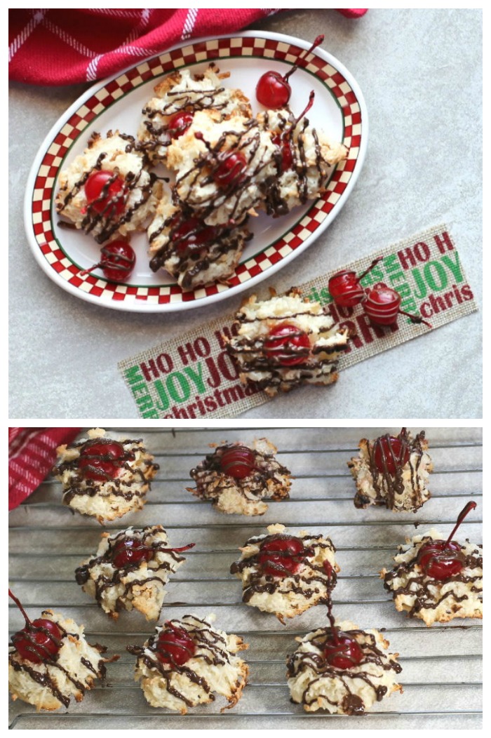 Coconut macaroon cookies with a cherry on the top, drizzled with dark chocolate