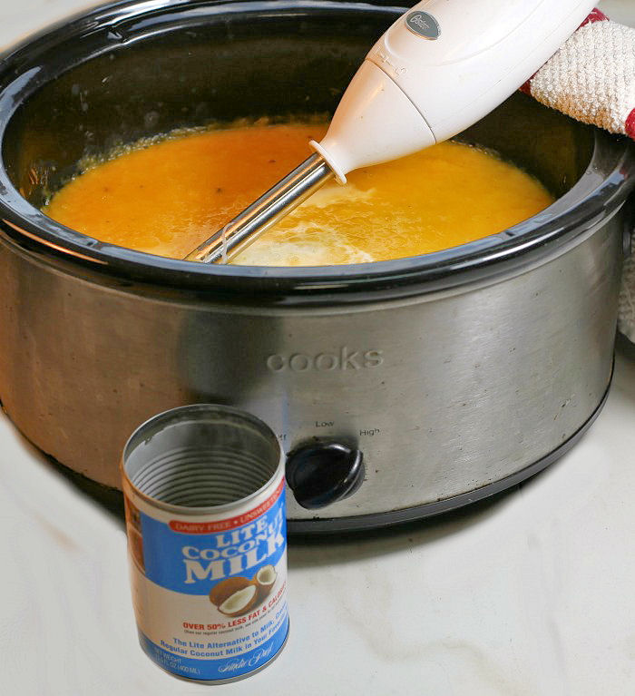 Immersion blender in a crockpot full of soup