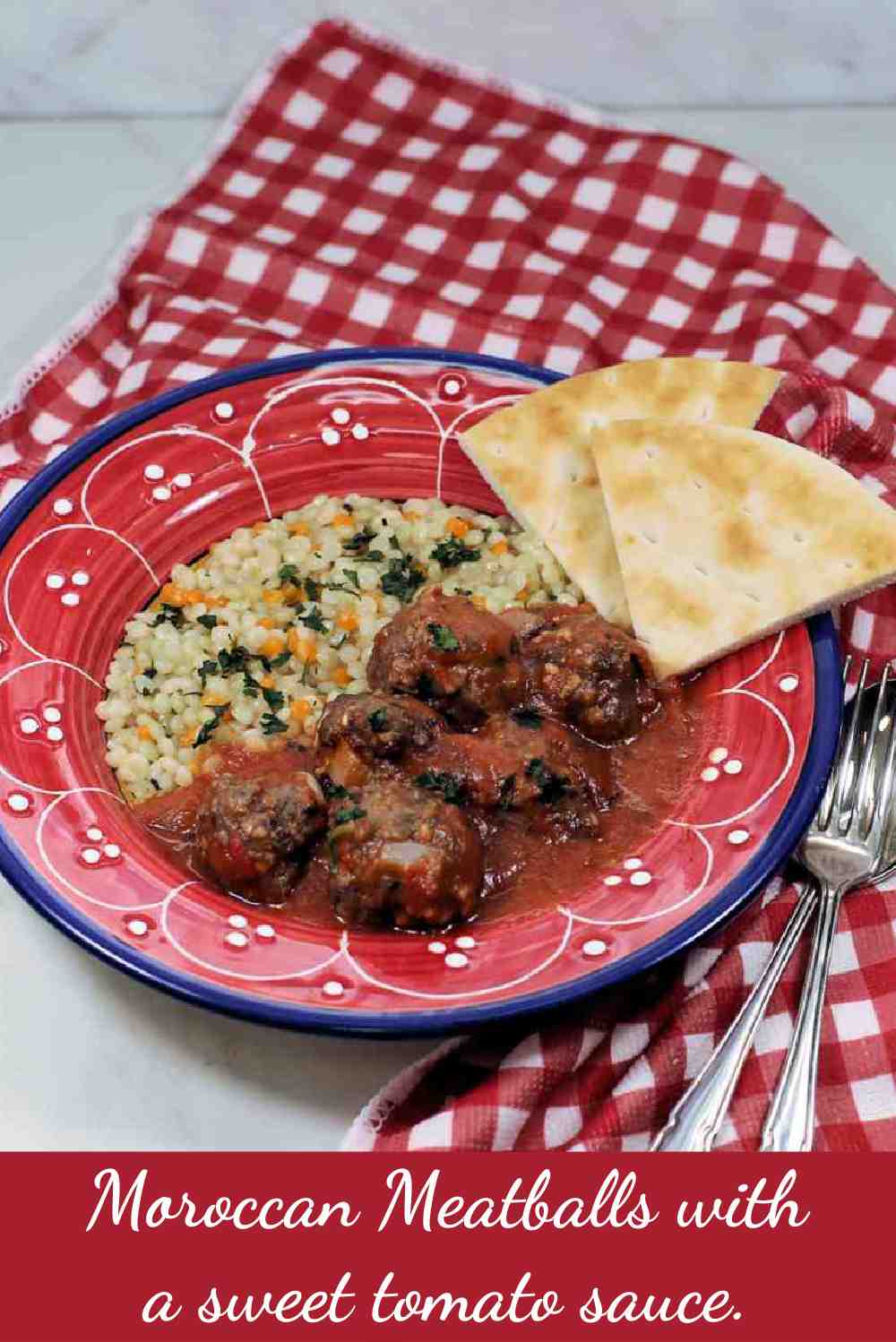 Red plant with meatballs and couscous and pita bread with words Moroccan meatballs with a sweet tomato sauce.