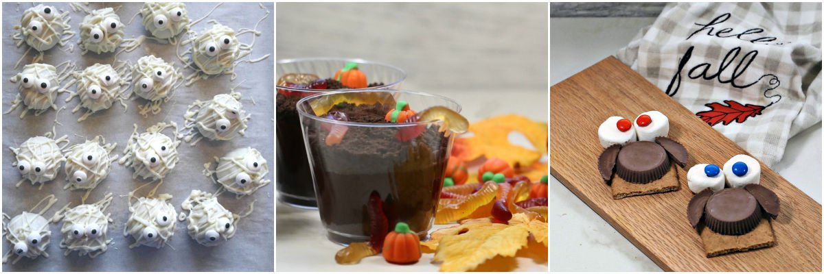 A collage with images of mummy truffles, Halloween dirt cups with worms, and cute owl cookies.