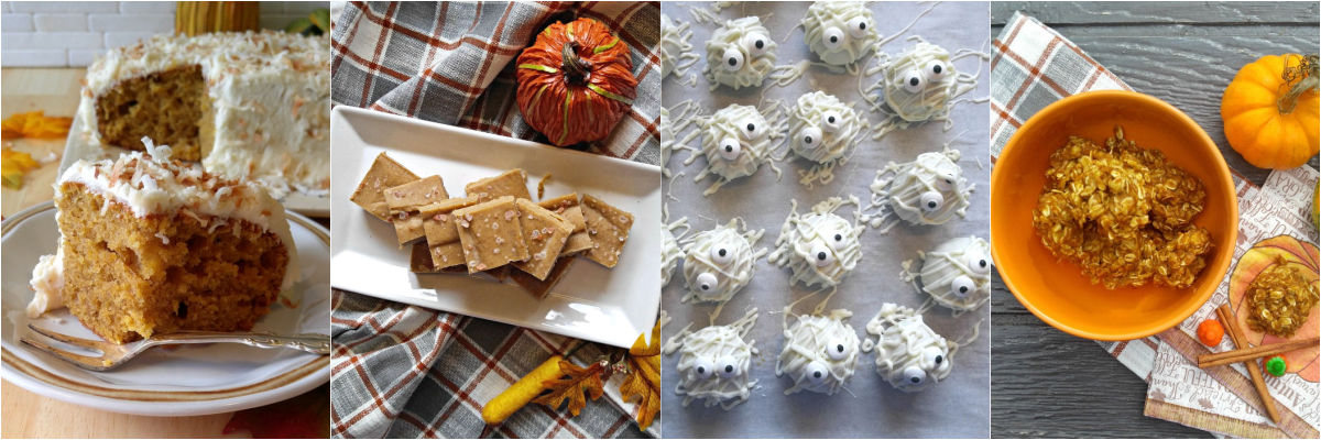 Recipes using pumpkin puree A collage with pictures of pumpkin cake, pumpkin fudge, pumpkin bites, and pumpkin cookies.
