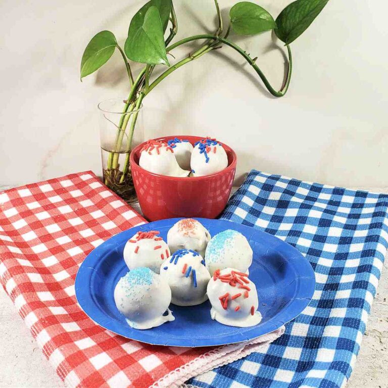 Chocolate cake truffles in bowls and plates with plant and red, white, and blue napkins.