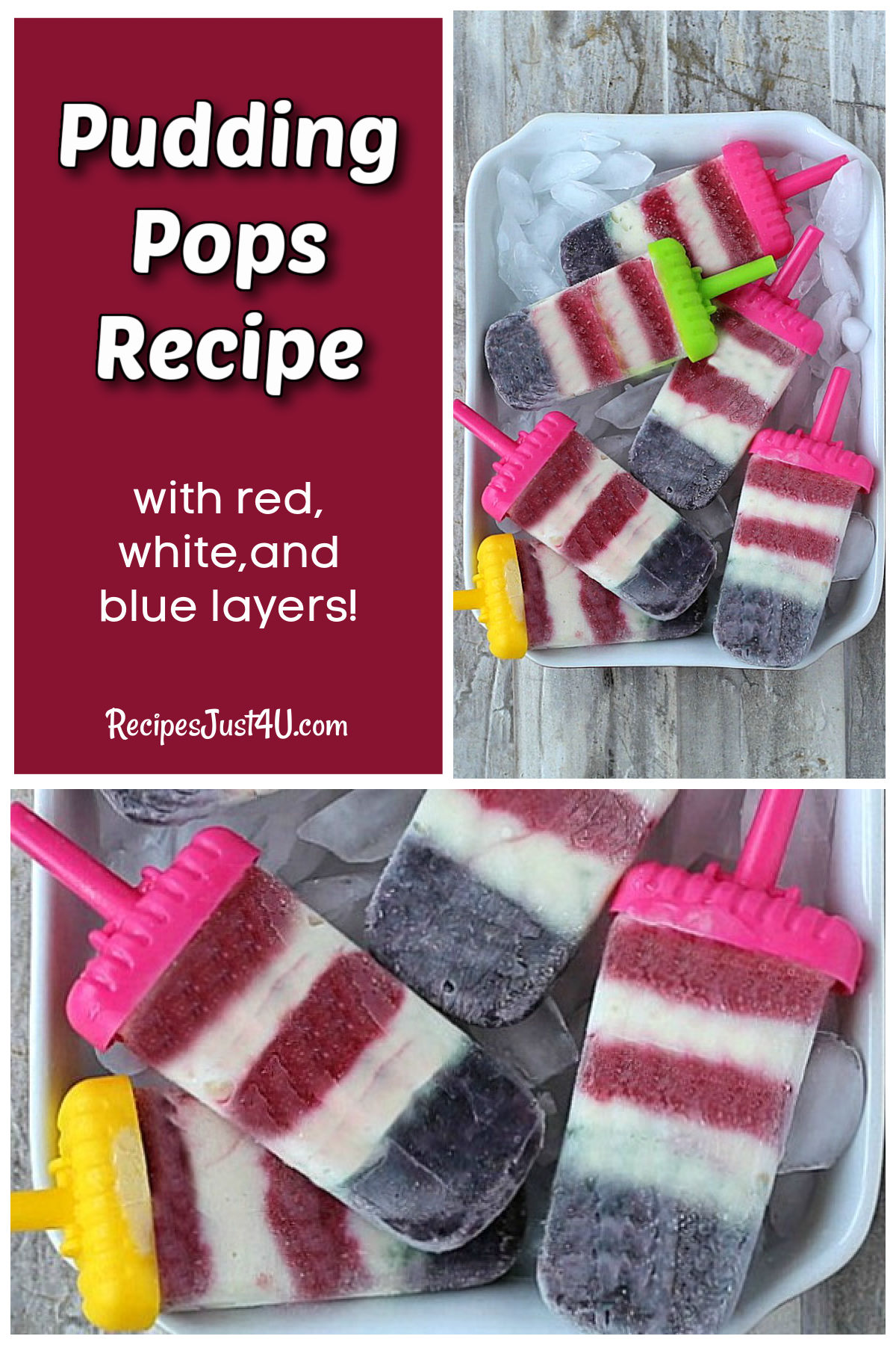 Pictures of a pudding pops recipe with red, white and blue layers.