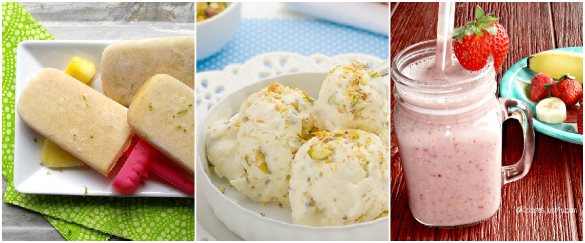 More frozen desserts, including pina colada popsicles, no churn pistachio ice cream and strawberry banana smoothie.