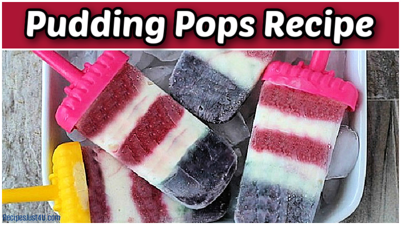 Pudding pops recipe sitting on ice in festive red, white, and blue layers.