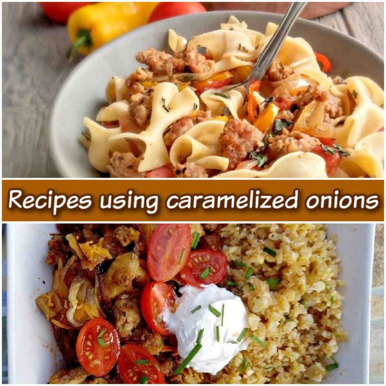 A collage of two recipes with caramelized onions with a text overlay in the middle, where the top image is of a mild Italian sausage with drunken noodles, and the bottom photo is of Chori pollo with rice.