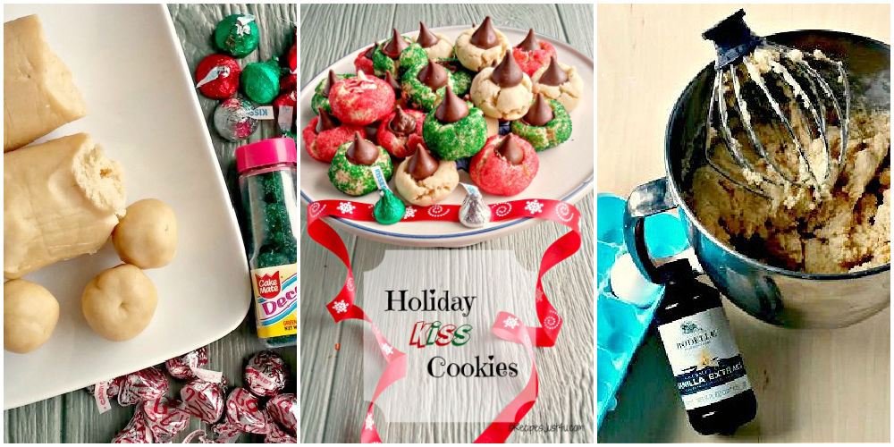A collage with cookie dough, candy kisses, and sprinkles. Center image shows finished cookies and words Holiday kiss cookies.