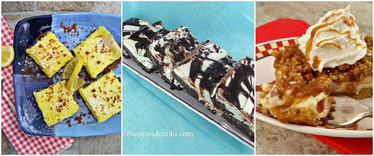 More cheesecake bars: animal cracker lemon bars, mint oreo bars, and apple caramel bars.