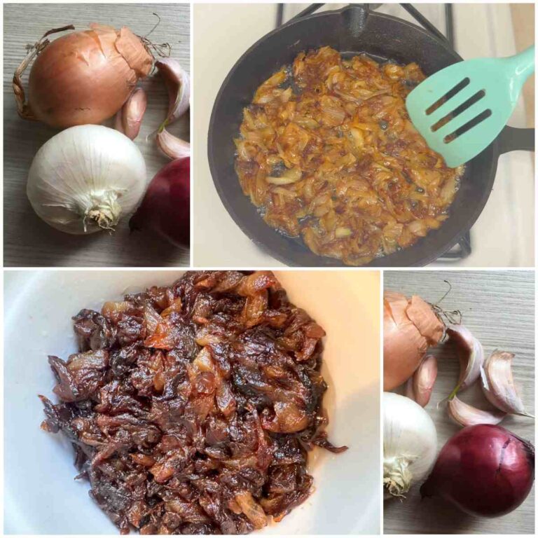 A photo collage showing an how to caramelize onions with two images of whole onions, a process shot of a teal spatula stirring caramelized onions in a cast iron pan, and a final picture of the end result of the easy caramelized onions recipe.