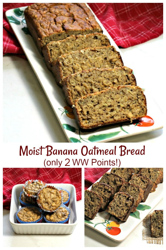 WW banana muffins and sliced bread in photos. Text reads Moist banana oatmeal bread only 2 ww points.
