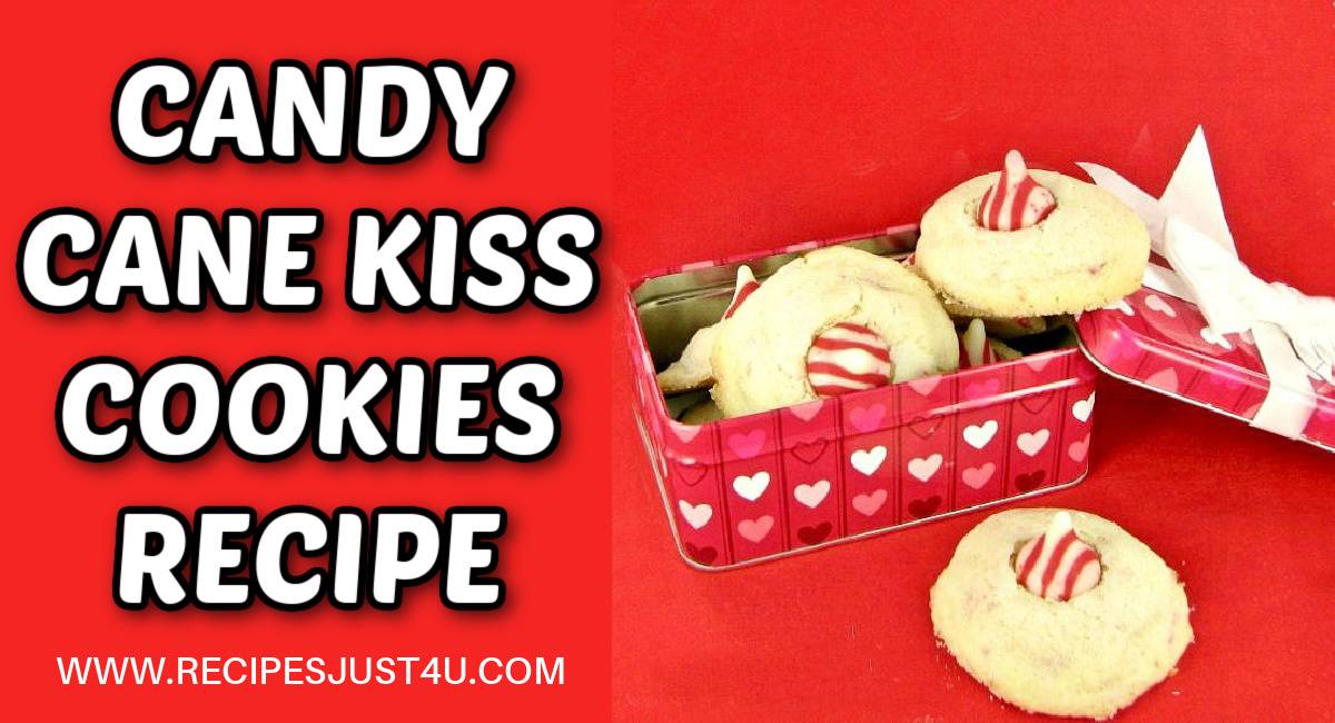A box of peppermint kisses cookies with a text overlay to the left of it that says candy cane kiss cookies recipe.