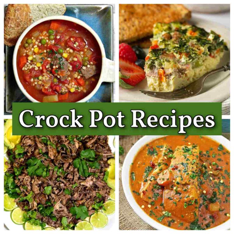 Four easy crockpot ideas for dinner in a collage, including a beef and vegetable barley soup, a vegetarian omelette, a salmon curry and a barbacoa pork recipe, all with a small green rectangle over them and a white text overlay on that which reads crock pot recipes.