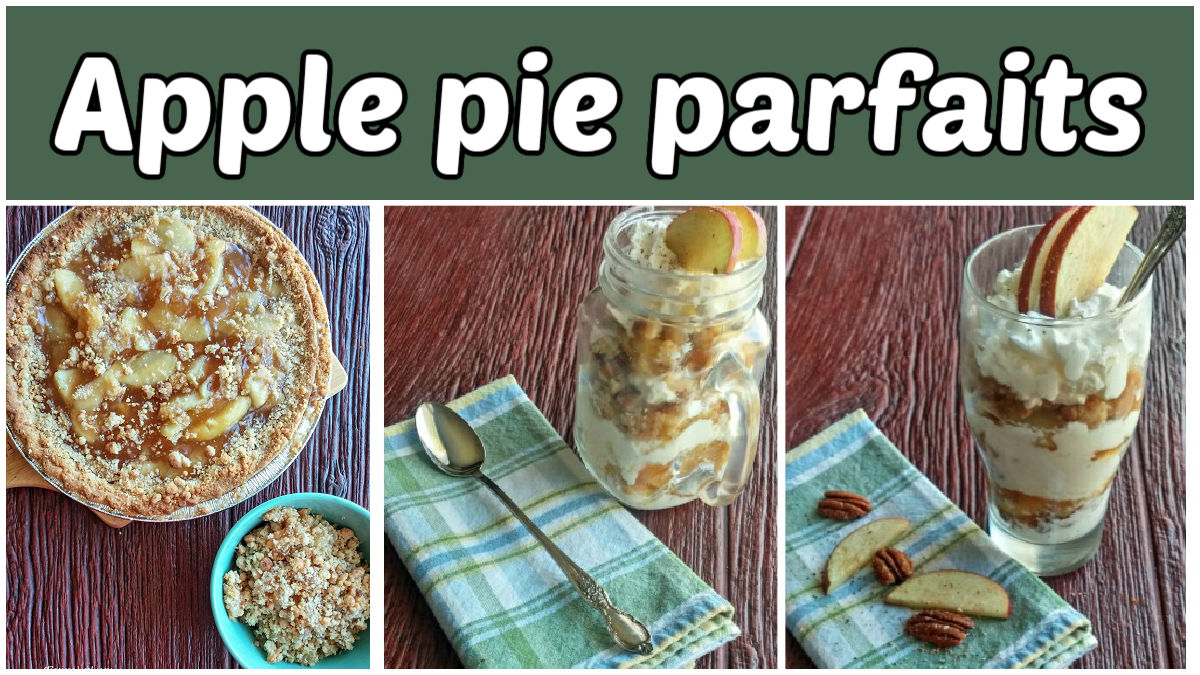 Apple pie parfaits made by layering apple pie with whipped cream and a streusel topping.