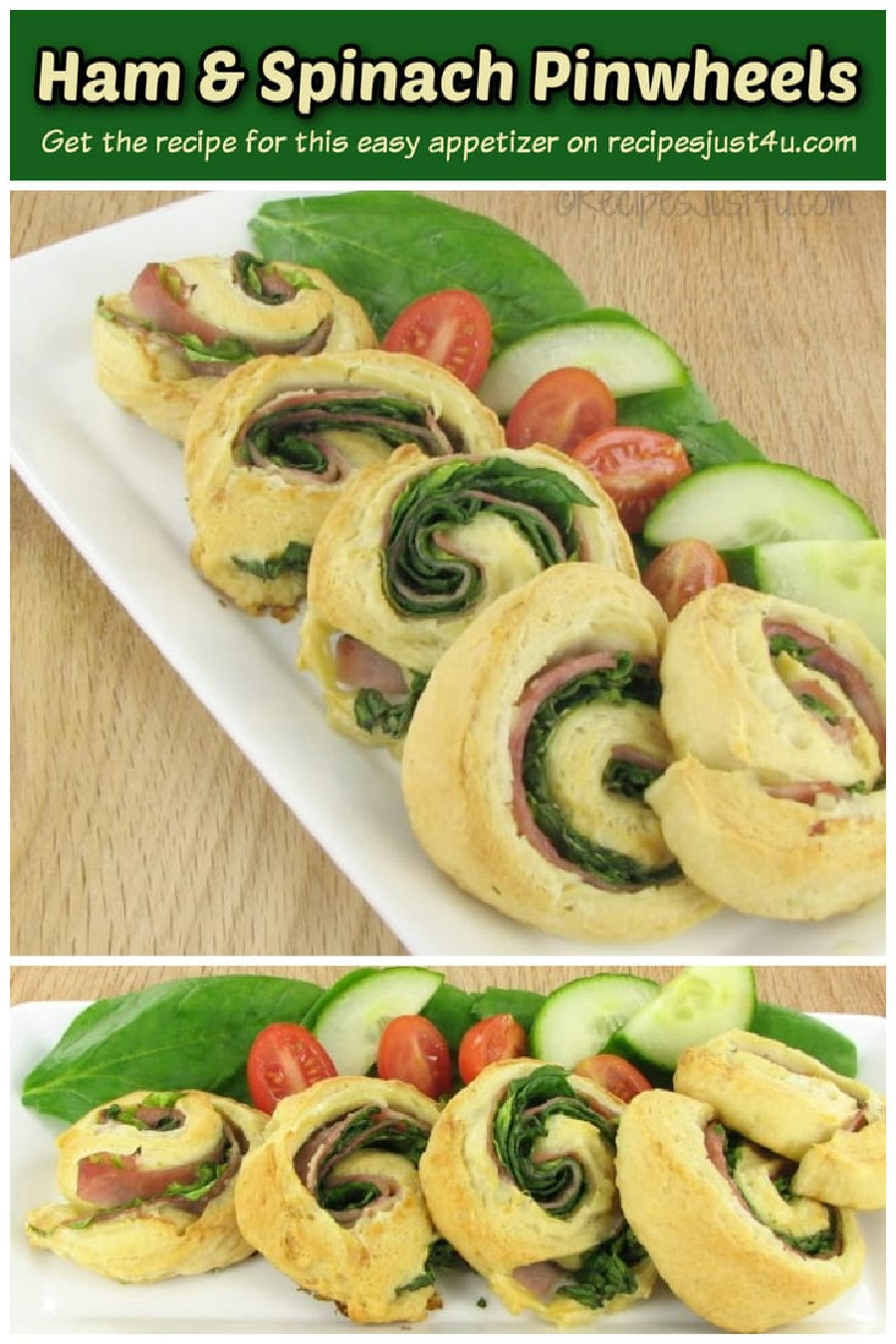 Ham and spinach pinwheels on a serving plate.
