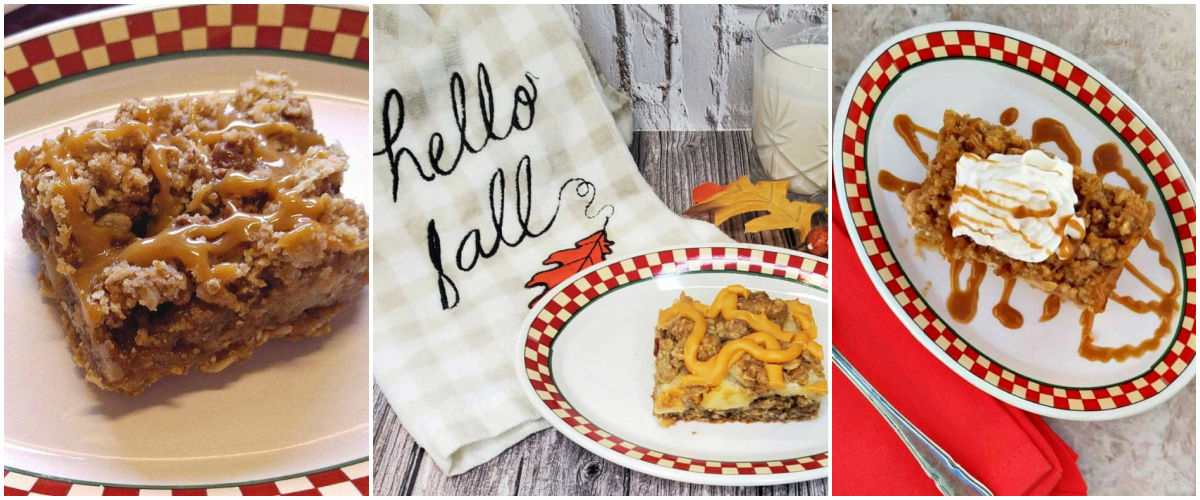 More apple desserts, bars, slices and caramel topping.