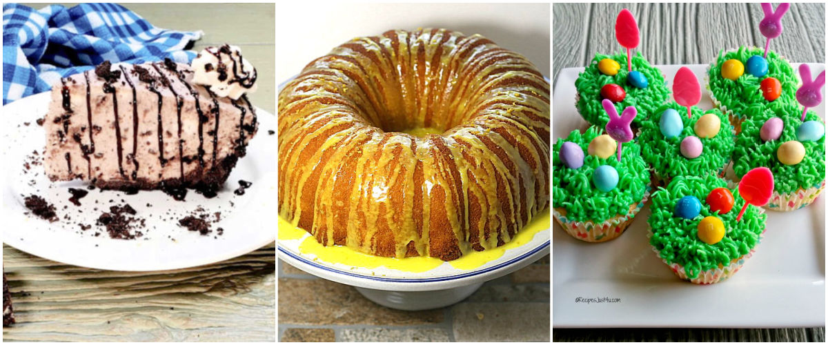 Oreo cheesecake, lemon bundt cake and Easter grass cupcakes in a collage.