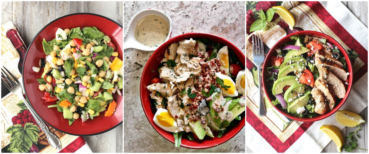 Three healthy salad recipes in a collage.