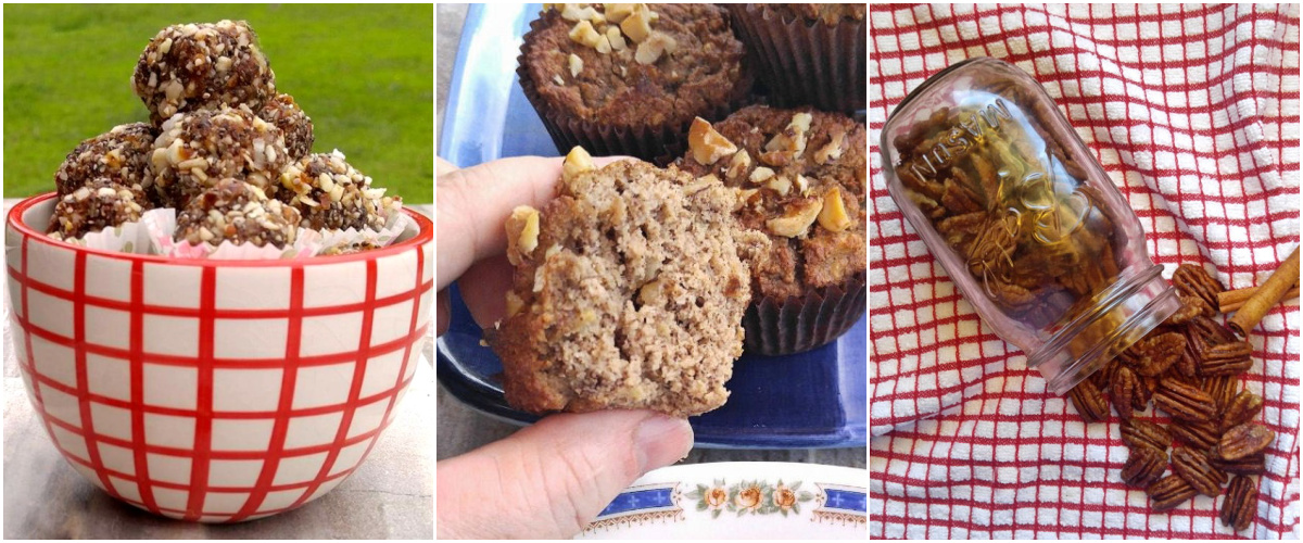 Paleo snack recipes featuring energy bites, muffins and toasted pecans.