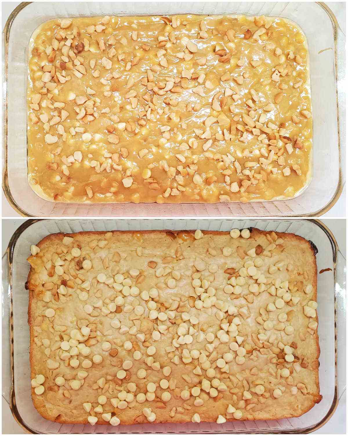 A collage showing white chocolate macadamia nut bar batter on the top and the cooked batter on the bottom.