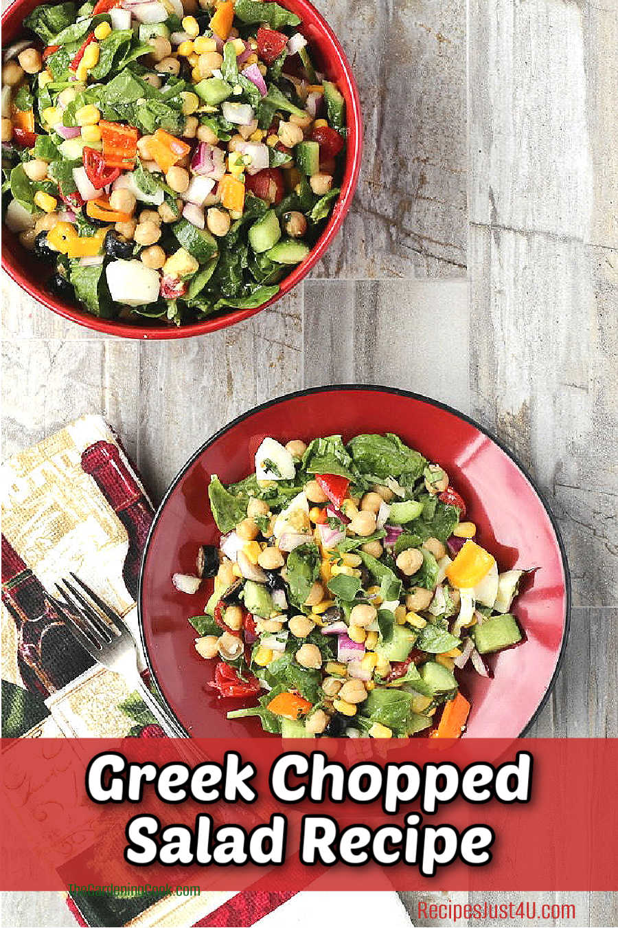 How to Make a Greek Chopped Salad Two bowls of Greek chopped salads next to a colorful napkin and fork.