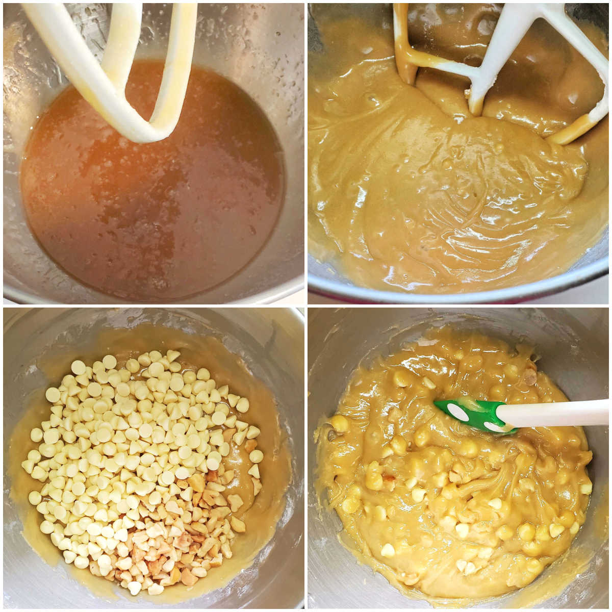 A collage showing the process for making white chocolate macadamia nut bars.