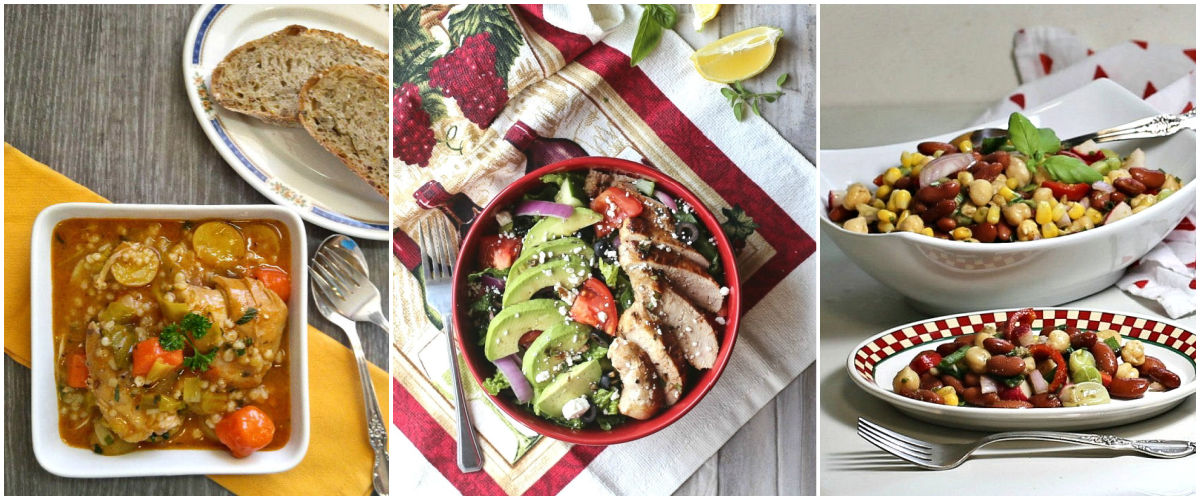 Mediterranean inspired recipe, including barley stew, Mediterranean chicken salad, and chickpea salad.