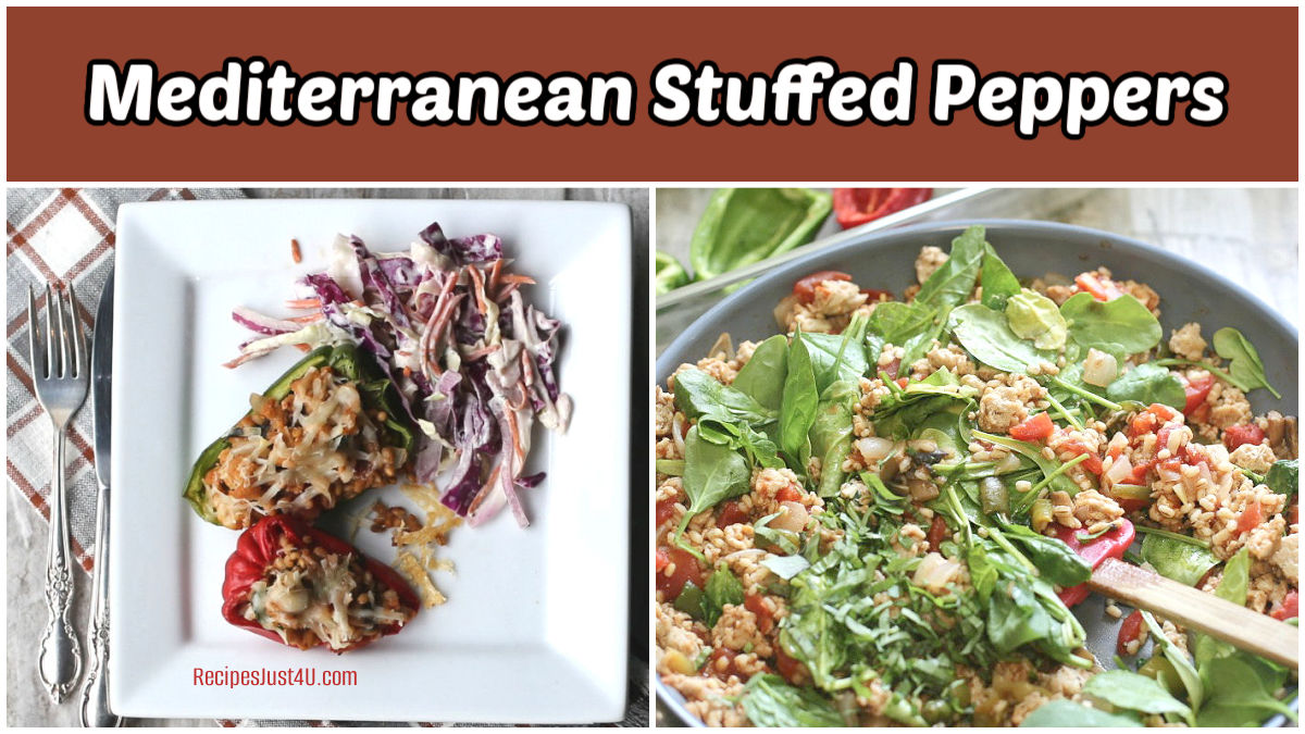 Mediterranean stuffed peppers on a white plate and the filling recipe in a pan.