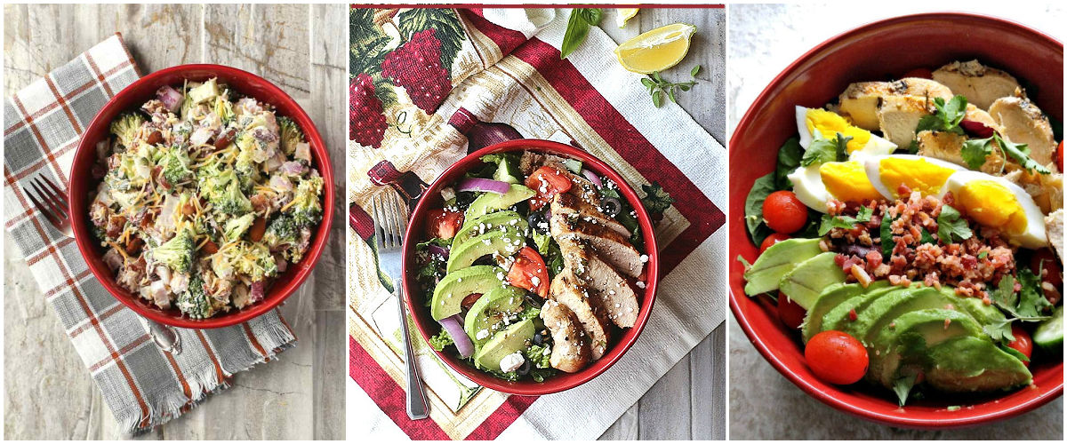 MOre salad recipes including broccoli keto salad, Mediterranean chicken and cobb salad.