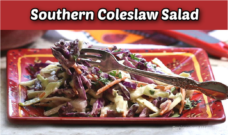 Southern coleslaw salad on a red plate with a fork.