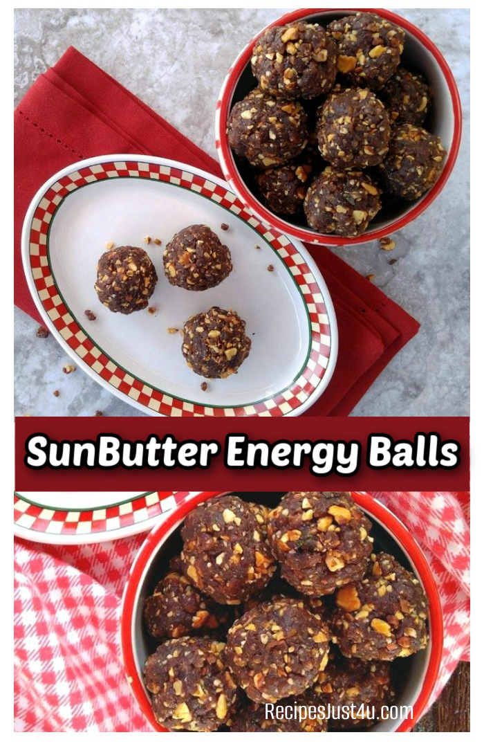 SunButter energy balls on a white plate with serving bowls.