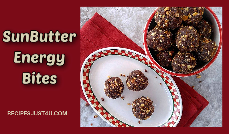 SunButter energy bites on a white and red plate next to a serving bowl.