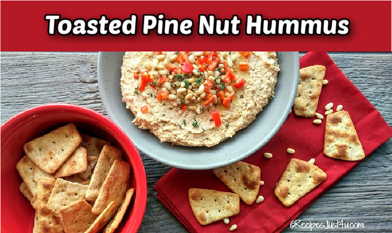 Toasted pine nut hummus in a gray bowl with pita chips and a red napkin.