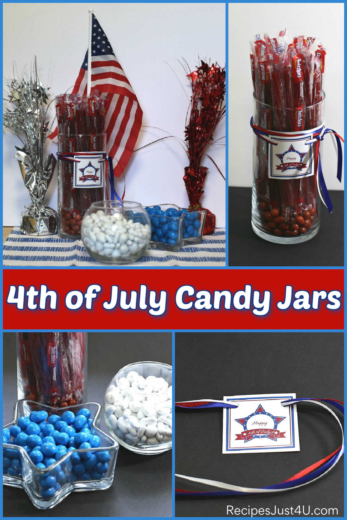 How to Make a 4th of July Candy Jars Centerpiece 4th of July candy jars with red and silver star paperweights and an American flag styled into a table centerpiece.