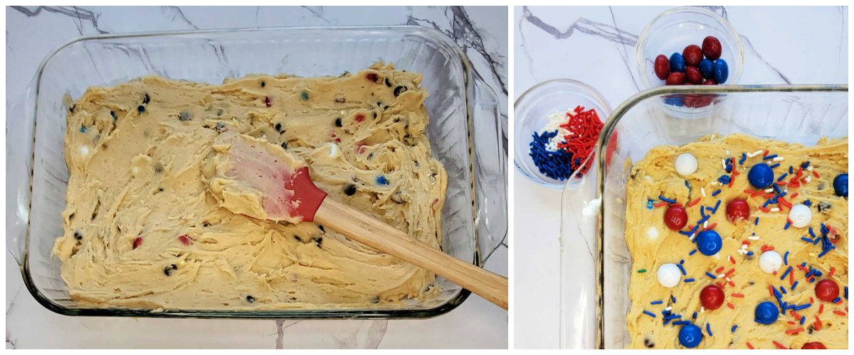 A collage showing cookie bar batter on the left and decorating batter with patriotic sprinkles and M&Ms on the right.