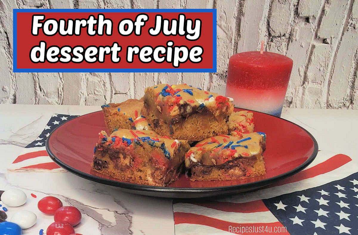 A red plate with cookie bars sitting on flag napkins near a red, white and blue candle. Red text box reads Fourth of July dessert recipe.