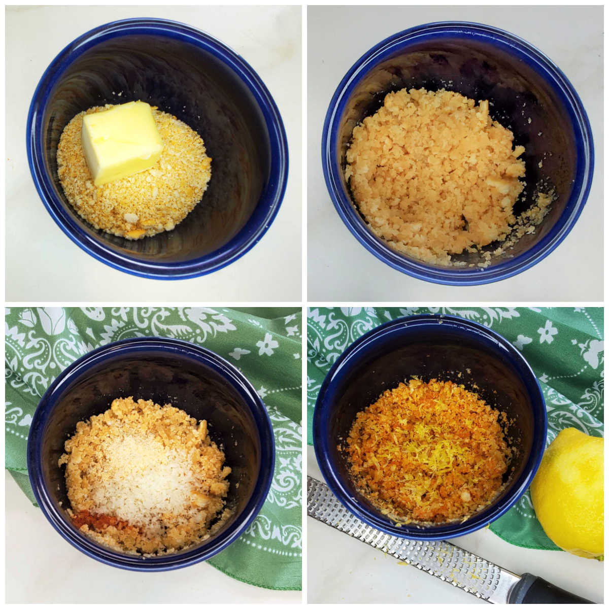 A collage with pictures showing how to make a Ritz cracker topping with crumbs, butter, lemon, spices and Parmesan cheese.