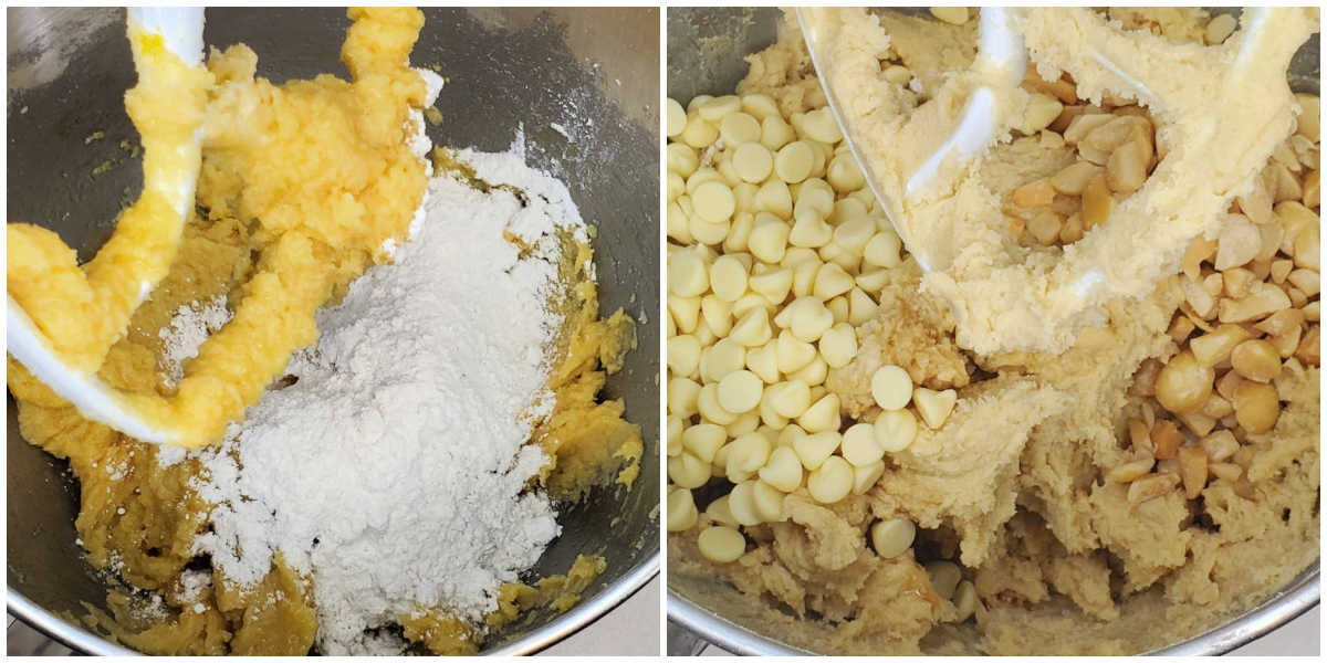 A collage with pictures of batter and flower on one side and mixing bowl with batter and white chocolate and nuts on the other side.